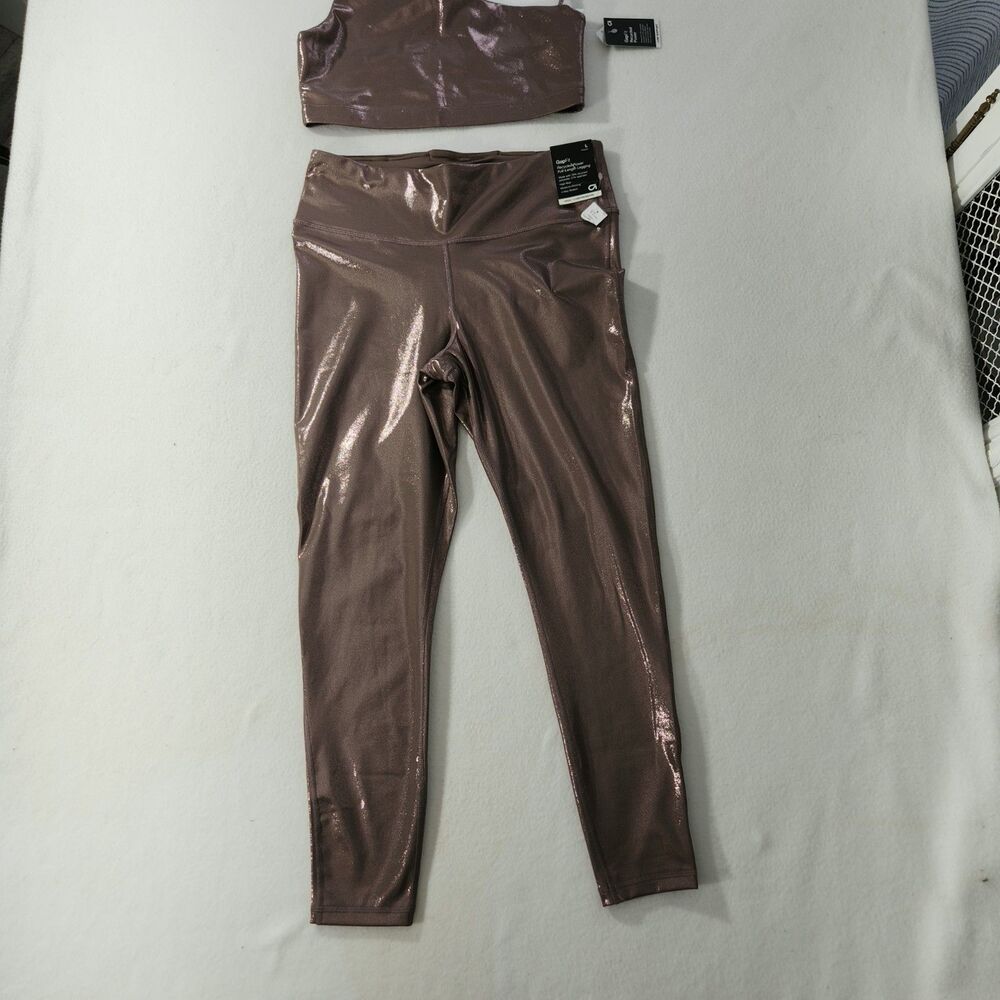 GapFit Pink Metallic Shine High Rise Power Leggings W/ matching Bra Size LARGE